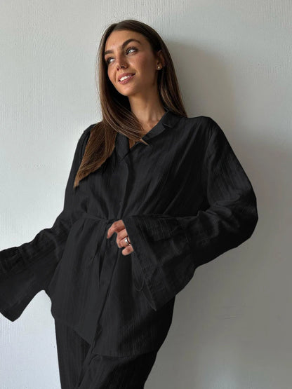 Marthaqiqiq Casual Women Nightgown 2 Piece Suit Long Sleeve Nightwear Turn-Down Collar Sleepwear Pants Loose Home Clothes Ladies - ZOOMNSTORE