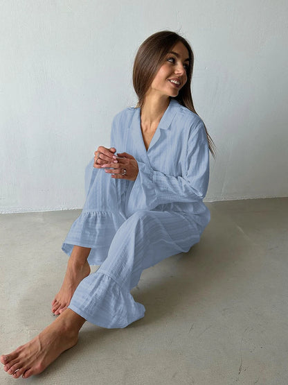 Marthaqiqiq Casual Women Nightgown 2 Piece Suit Long Sleeve Nightwear Turn-Down Collar Sleepwear Pants Loose Home Clothes Ladies - ZOOMNSTORE