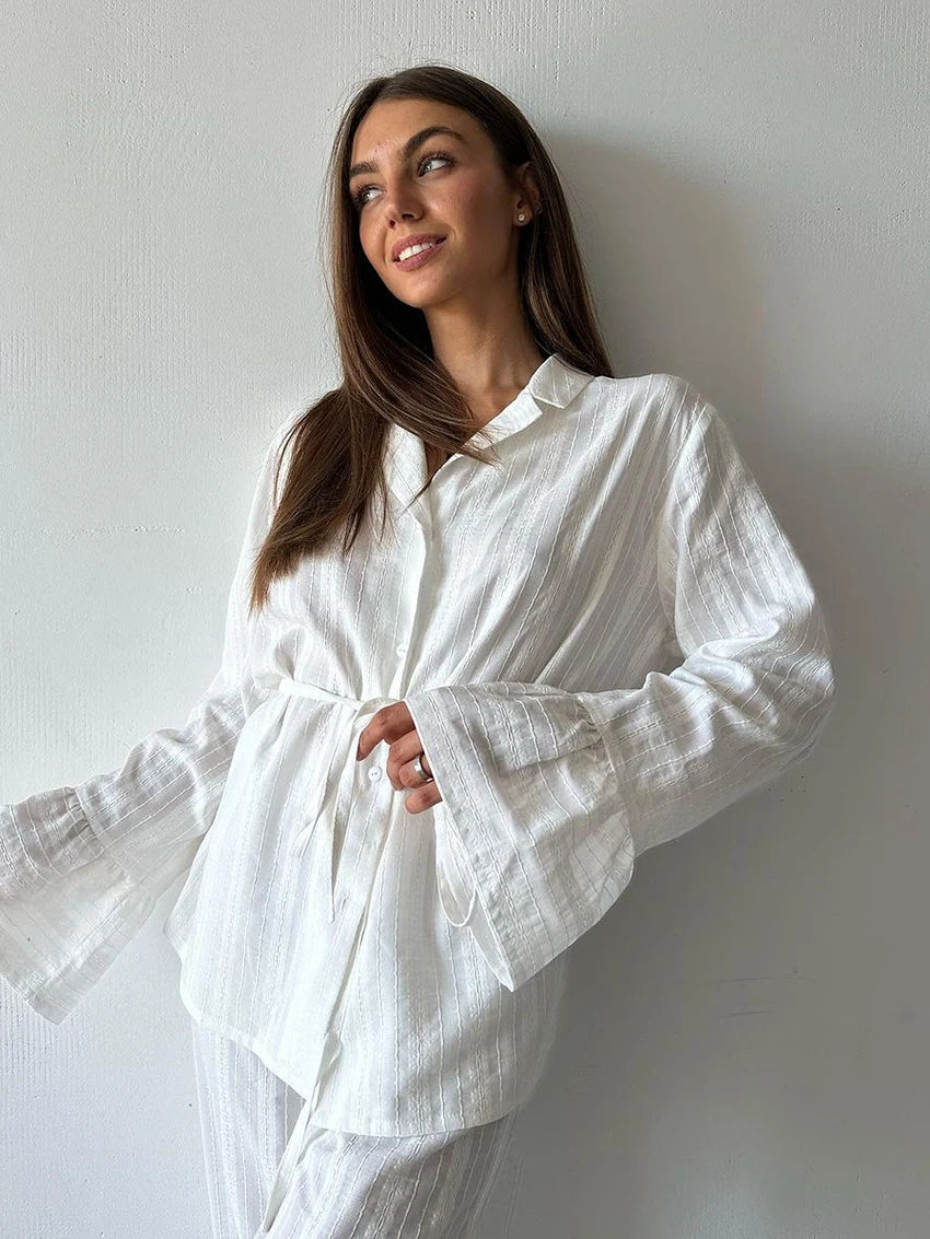 Marthaqiqiq Casual Women Nightgown 2 Piece Suit Long Sleeve Nightwear Turn-Down Collar Sleepwear Pants Loose Home Clothes Ladies - ZOOMNSTORE