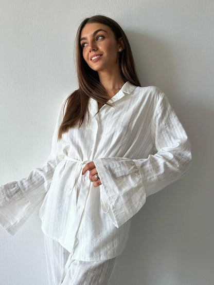 Marthaqiqiq Casual Women Nightgown 2 Piece Suit Long Sleeve Nightwear Turn-Down Collar Sleepwear Pants Loose Home Clothes Ladies - ZOOMNSTORE