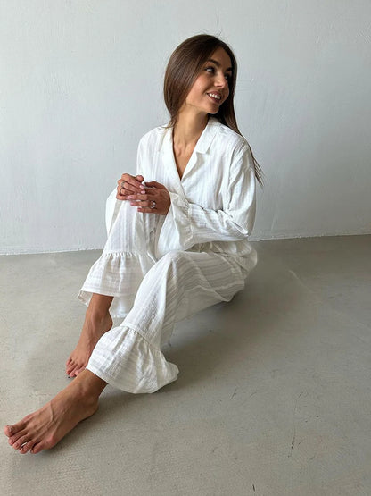 Marthaqiqiq Casual Women Nightgown 2 Piece Suit Long Sleeve Nightwear Turn-Down Collar Sleepwear Pants Loose Home Clothes Ladies - ZOOMNSTORE