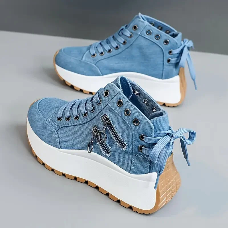 Women Denim Sneakers - High Top Canvas Platform Shoes For Female Students 2024 New - ZOOMNSTORE