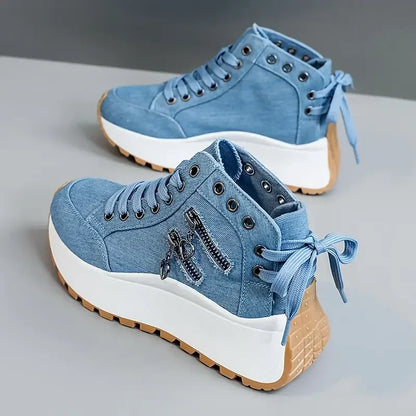 Women Denim Sneakers - High Top Canvas Platform Shoes For Female Students 2024 New - ZOOMNSTORE