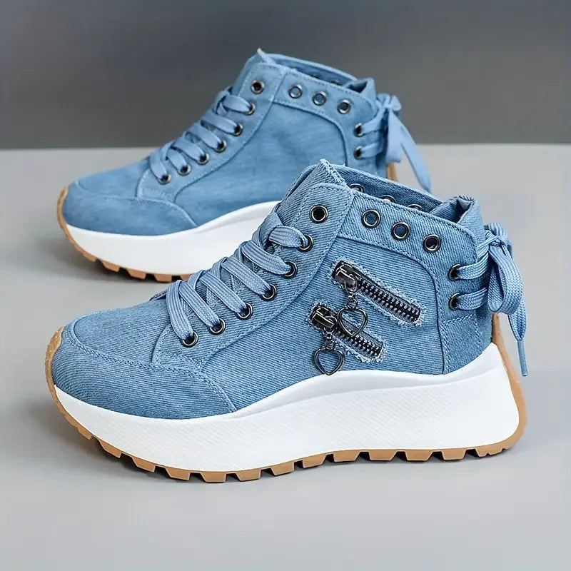 Women Denim Sneakers - High Top Canvas Platform Shoes For Female Students 2024 New - ZOOMNSTORE