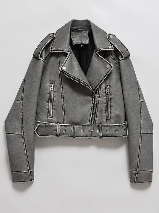 Women Faux Leather Jacket - Vintage Loose Fit Biker Zipper Belt Moto Coat - ZOOMNSTORE