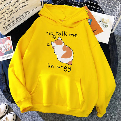 Angry Cat Print Hoodie - Oversized Casual Fleece Streetwear - ZOOMNSTORE