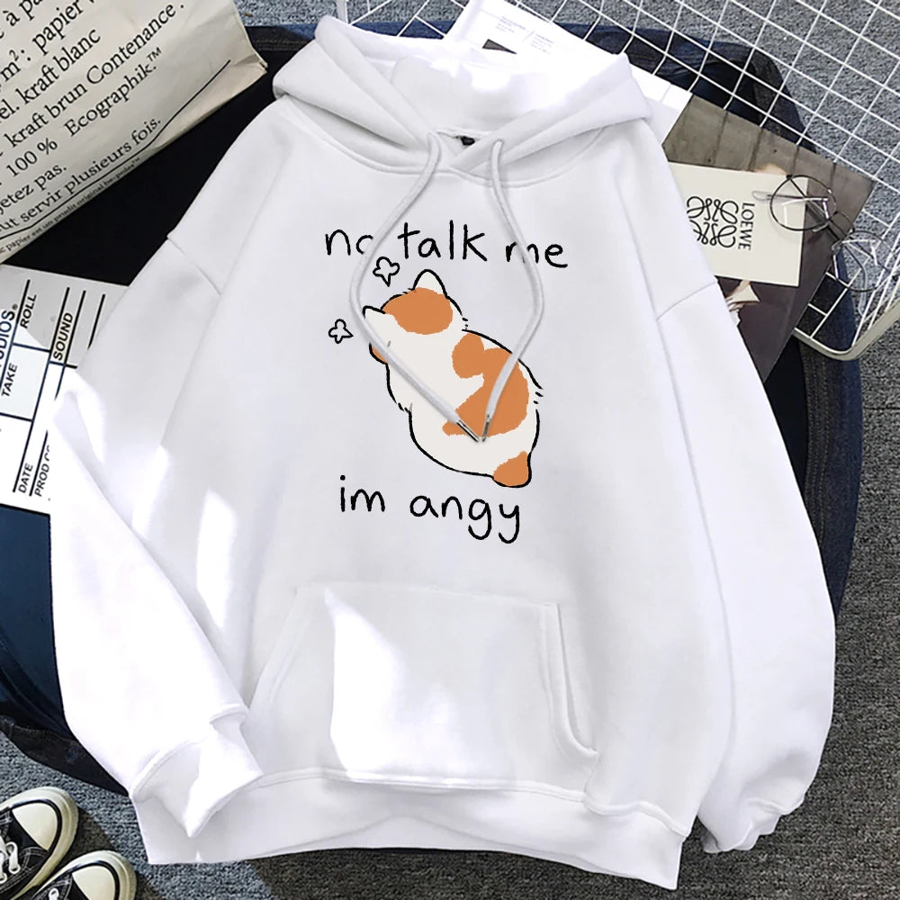 Angry Cat Print Hoodie - Oversized Casual Fleece Streetwear - ZOOMNSTORE