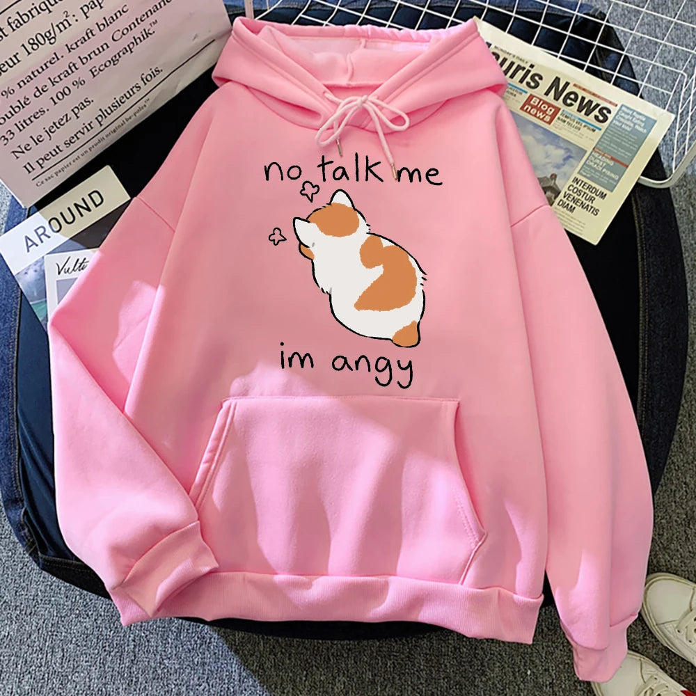 Angry Cat Print Hoodie - Oversized Casual Fleece Streetwear - ZOOMNSTORE