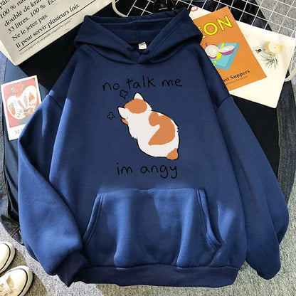 Angry Cat Print Hoodie - Oversized Casual Fleece Streetwear - ZOOMNSTORE