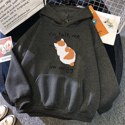 Angry Cat Print Hoodie - Oversized Casual Fleece Streetwear - ZOOMNSTORE