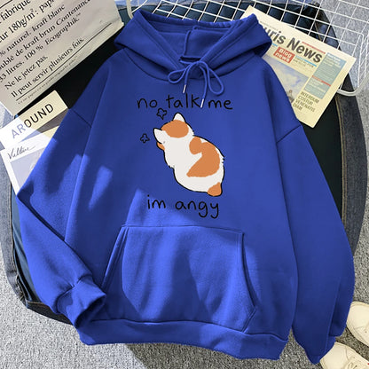 Angry Cat Print Hoodie - Oversized Casual Fleece Streetwear - ZOOMNSTORE