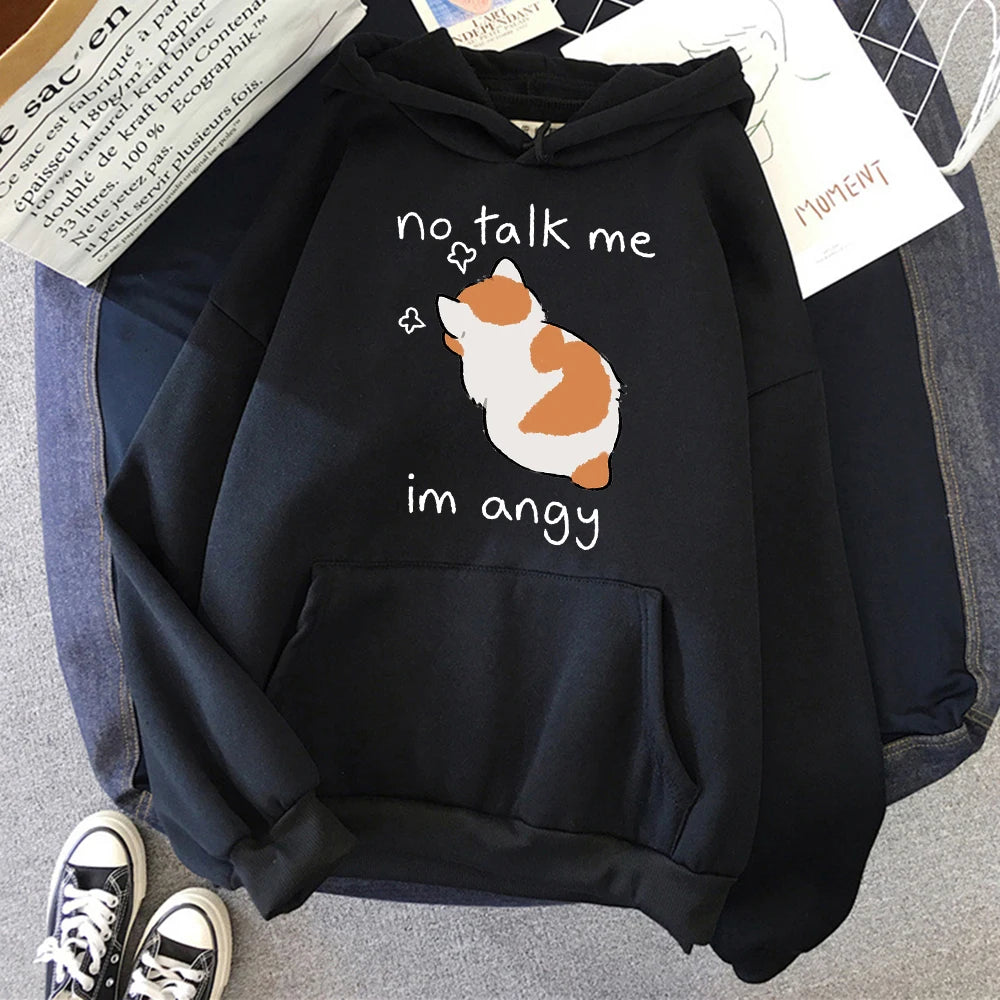 Angry Cat Print Hoodie - Oversized Casual Fleece Streetwear - ZOOMNSTORE