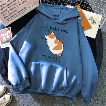 Angry Cat Print Hoodie - Oversized Casual Fleece Streetwear - ZOOMNSTORE