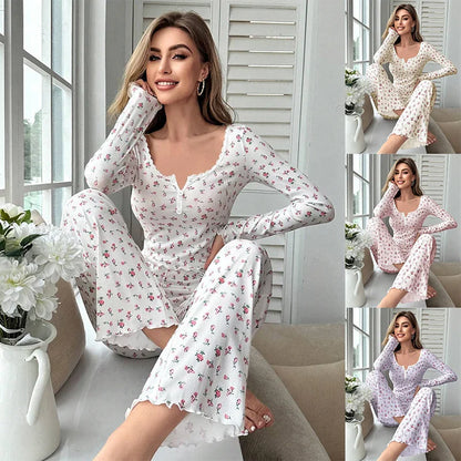 Floral Sleepwear Set - Womens Long Pant Pajamas with Lettuce Trim - ZOOMNSTORE