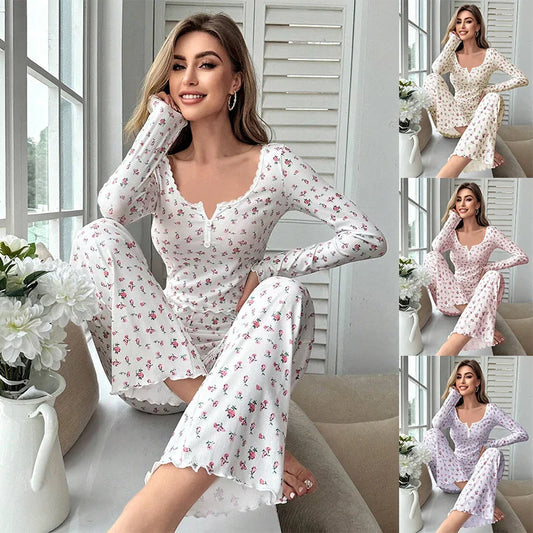Floral Sleepwear Set - Womens Long Pant Pajamas with Lettuce Trim - ZOOMNSTORE