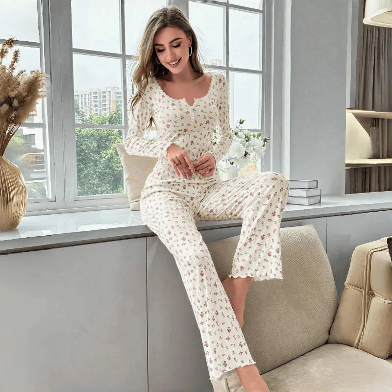 Floral Sleepwear Set - Womens Long Pant Pajamas with Lettuce Trim - ZOOMNSTORE