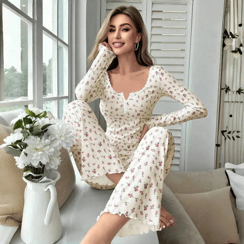 Floral Sleepwear Set - Womens Long Pant Pajamas with Lettuce Trim - ZOOMNSTORE