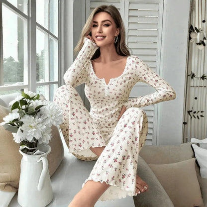 Floral Sleepwear Set - Womens Long Pant Pajamas with Lettuce Trim - ZOOMNSTORE
