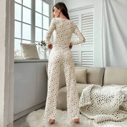 Floral Sleepwear Set - Womens Long Pant Pajamas with Lettuce Trim - ZOOMNSTORE