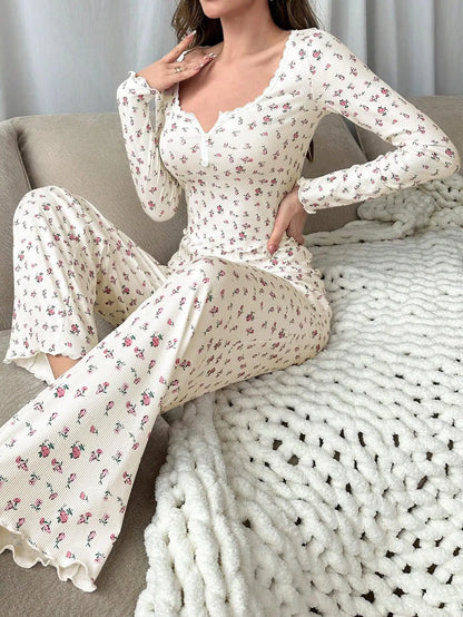 Floral Sleepwear Set - Womens Long Pant Pajamas with Lettuce Trim - ZOOMNSTORE