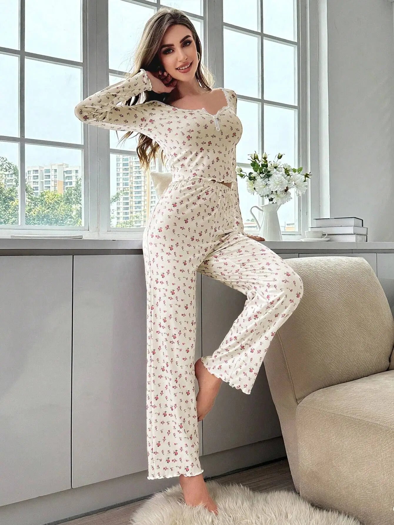 Floral Sleepwear Set - Womens Long Pant Pajamas with Lettuce Trim - ZOOMNSTORE