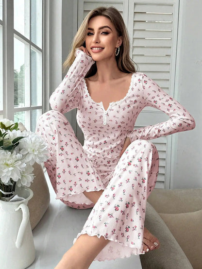 Floral Sleepwear Set - Womens Long Pant Pajamas with Lettuce Trim - ZOOMNSTORE
