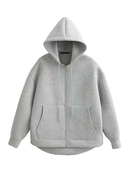 Women Gray Jacket - Hooded Zipper Closure Casual Outerwear With Big Pockets - ZOOMNSTORE