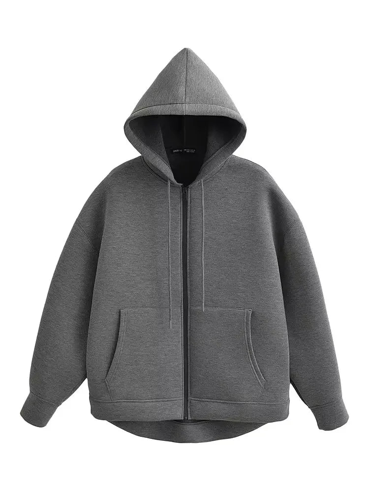 Women Gray Jacket - Hooded Zipper Closure Casual Outerwear With Big Pockets - ZOOMNSTORE