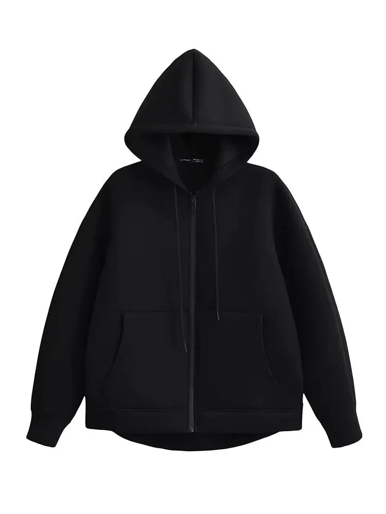 Women Gray Jacket - Hooded Zipper Closure Casual Outerwear With Big Pockets - ZOOMNSTORE
