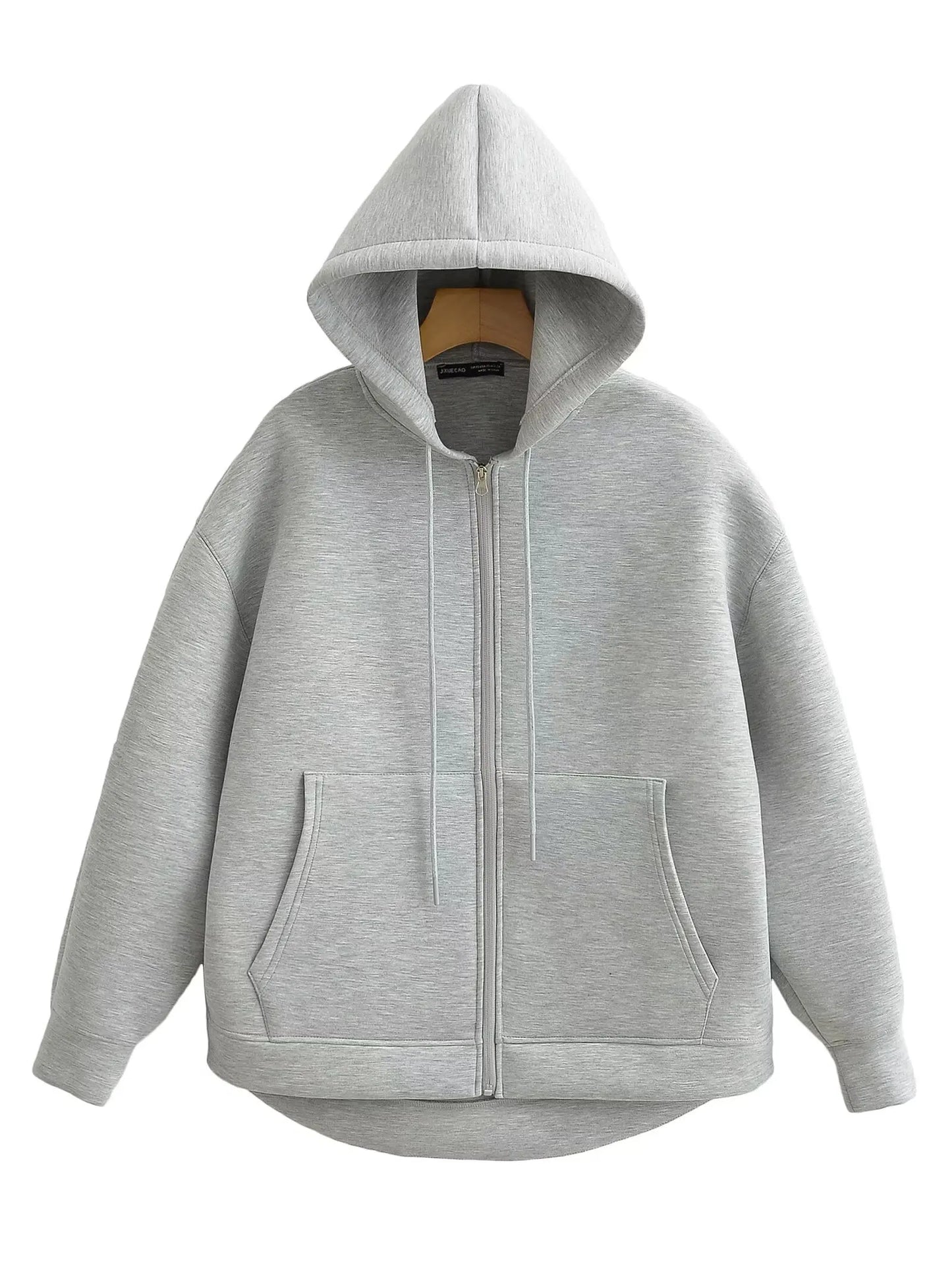 Women Gray Jacket - Hooded Zipper Closure Casual Outerwear With Big Pockets - ZOOMNSTORE