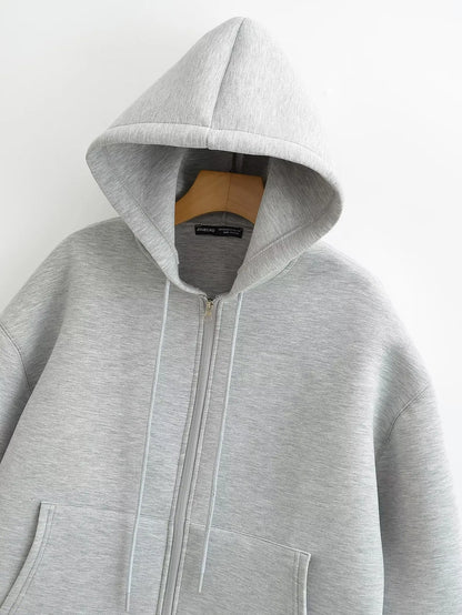 Women Gray Jacket - Hooded Zipper Closure Casual Outerwear With Big Pockets - ZOOMNSTORE