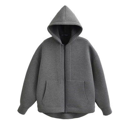 Women Gray Jacket - Hooded Zipper Closure Casual Outerwear With Big Pockets - ZOOMNSTORE