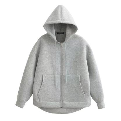Women Gray Jacket - Hooded Zipper Closure Casual Outerwear With Big Pockets - ZOOMNSTORE