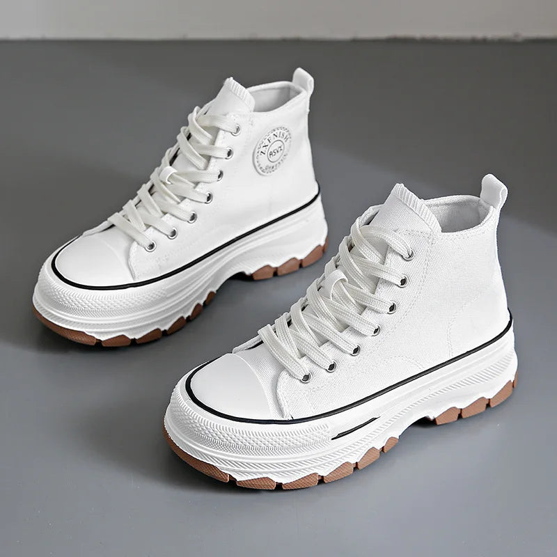 High Top Canvas Sneakers - Womens Lace-Up Platform Shoes Non-Slip  Wear Resistant - ZOOMNSTORE