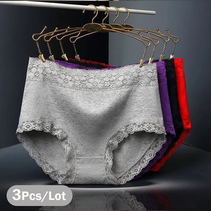Womens Lace Cotton High Waist Briefs - Plus Size Panties 3-Pack - ZOOMNSTORE