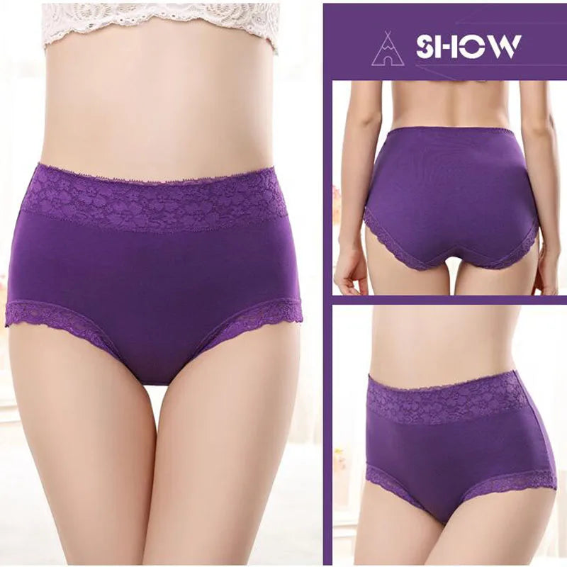 Womens Lace Cotton High Waist Briefs - Plus Size Panties 3-Pack - ZOOMNSTORE