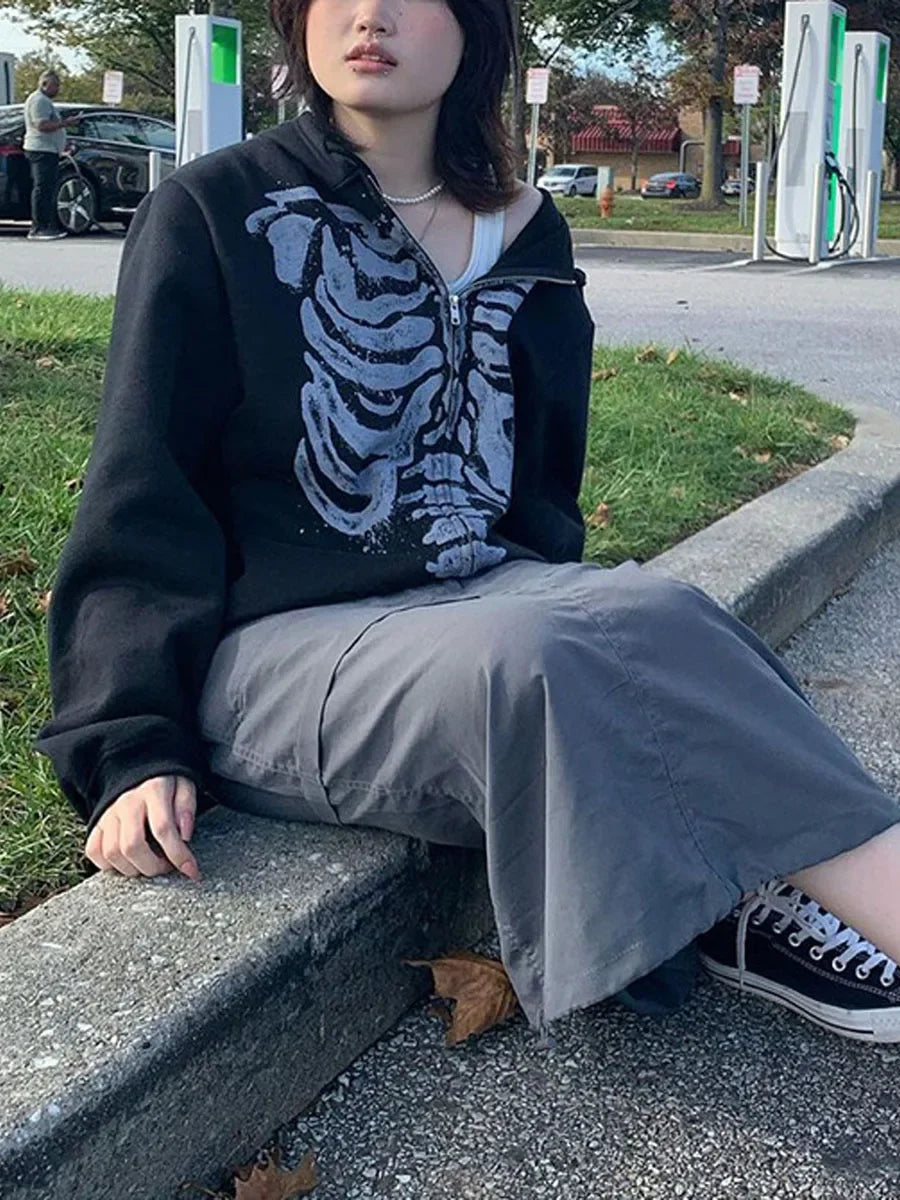 Gothic Skull Hoodie - Casual Long Sleeve Zipper Coat for Halloween - ZOOMNSTORE