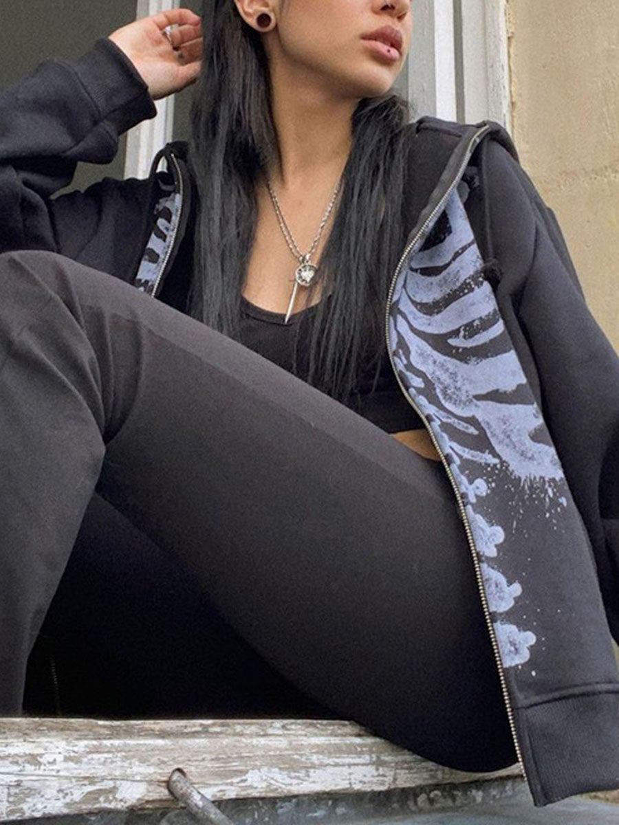 Gothic Skull Hoodie - Casual Long Sleeve Zipper Coat for Halloween - ZOOMNSTORE