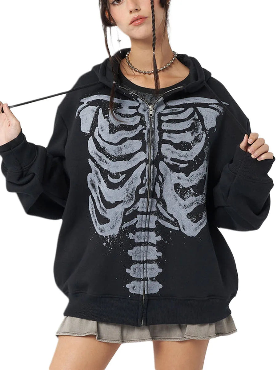 Gothic Skull Hoodie - Casual Long Sleeve Zipper Coat for Halloween - ZOOMNSTORE