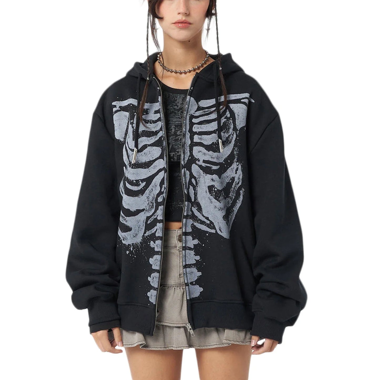 Gothic Skull Hoodie - Casual Long Sleeve Zipper Coat for Halloween - ZOOMNSTORE