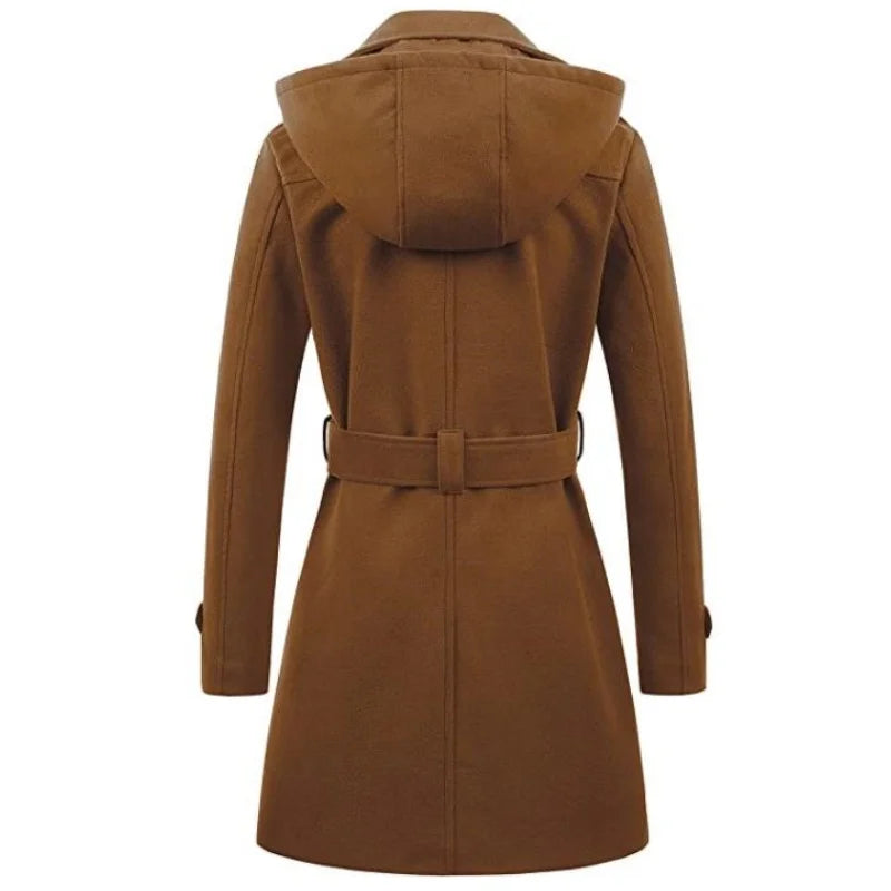 Women Hooded Jacket - Mid Length Double Breasted Coat With Woolen Lapel & Turn Down Collar - ZOOMNSTORE