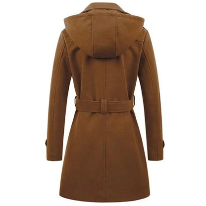 Women Hooded Jacket - Mid Length Double Breasted Coat With Woolen Lapel & Turn Down Collar - ZOOMNSTORE