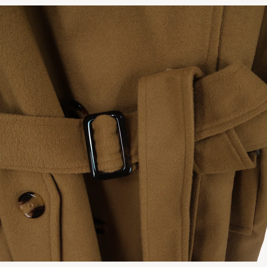 Women Hooded Jacket - Mid Length Double Breasted Coat With Woolen Lapel & Turn Down Collar - ZOOMNSTORE