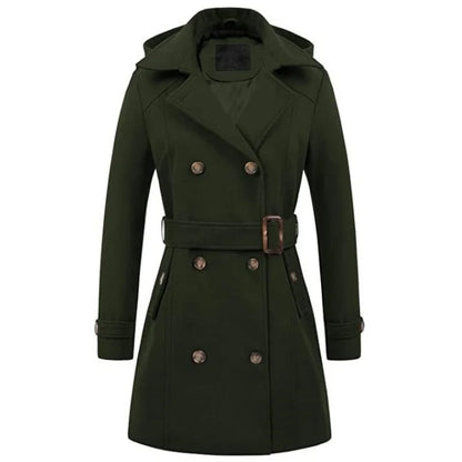 Women Hooded Jacket - Mid Length Double Breasted Coat With Woolen Lapel & Turn Down Collar - ZOOMNSTORE
