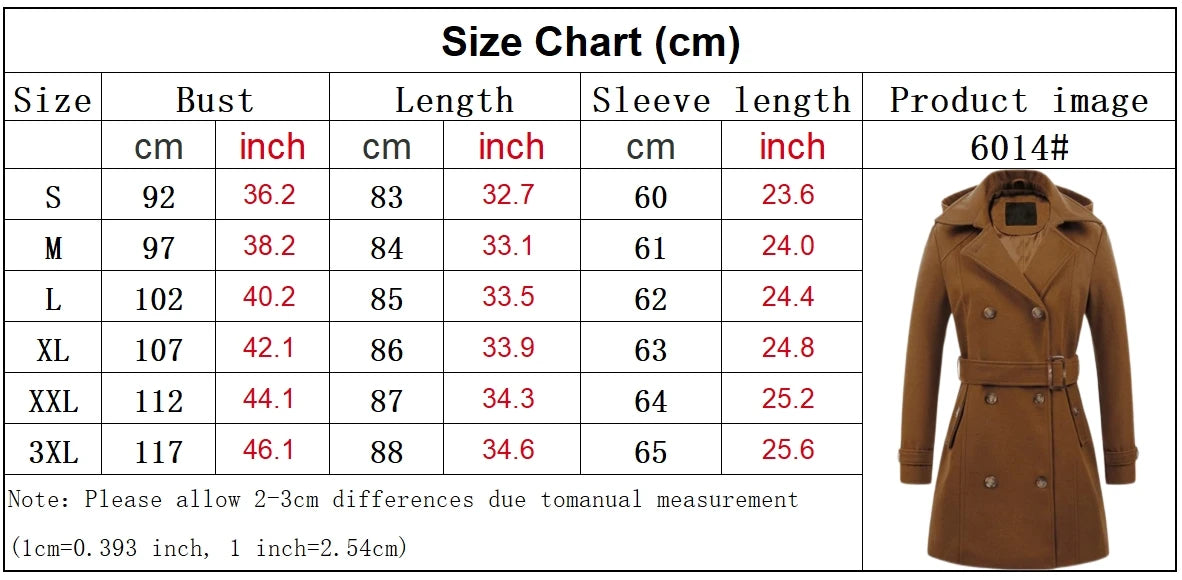 Women Hooded Jacket - Mid Length Double Breasted Coat With Woolen Lapel & Turn Down Collar - ZOOMNSTORE