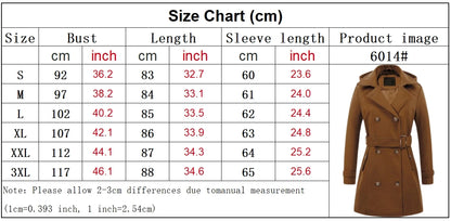 Women Hooded Jacket - Mid Length Double Breasted Coat With Woolen Lapel & Turn Down Collar - ZOOMNSTORE