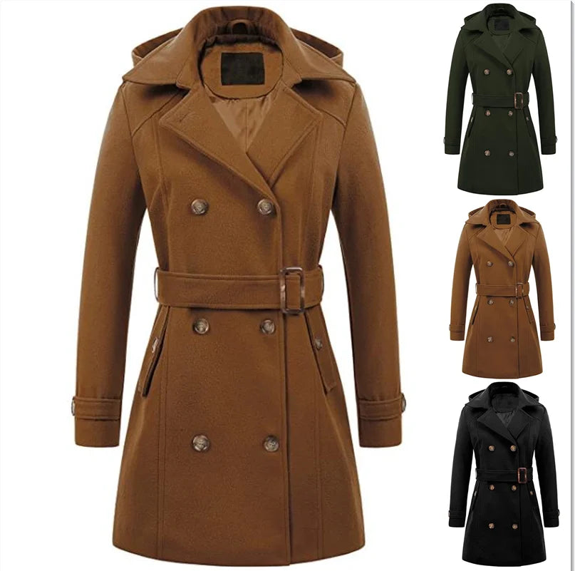 Women Hooded Jacket - Mid Length Double Breasted Coat With Woolen Lapel & Turn Down Collar - ZOOMNSTORE