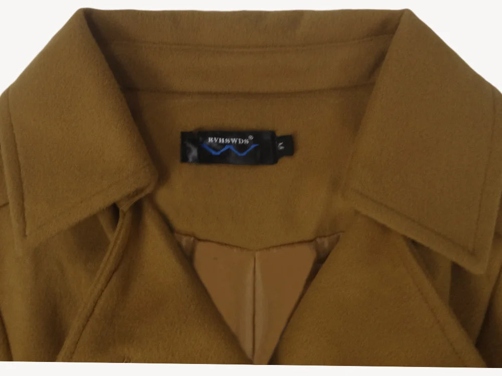 Women Hooded Jacket - Mid Length Double Breasted Coat With Woolen Lapel & Turn Down Collar - ZOOMNSTORE