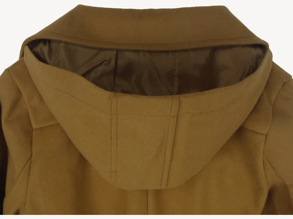 Women Hooded Jacket - Mid Length Double Breasted Coat With Woolen Lapel & Turn Down Collar - ZOOMNSTORE