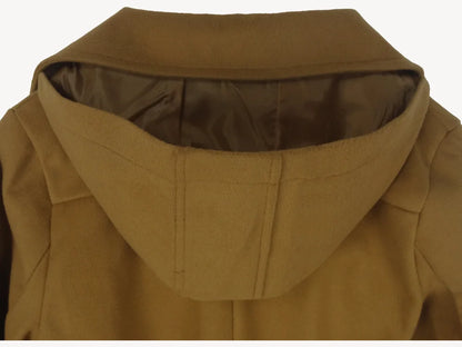 Women Hooded Jacket - Mid Length Double Breasted Coat With Woolen Lapel & Turn Down Collar - ZOOMNSTORE
